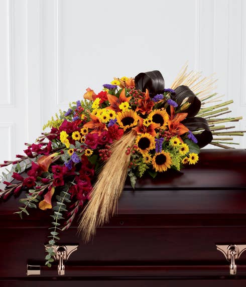 casket spray flower, cheap casket flowers with sunflowers, lilies and daisies
