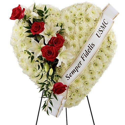 heart shaped funeral spray with Semper Fidelis ribbon