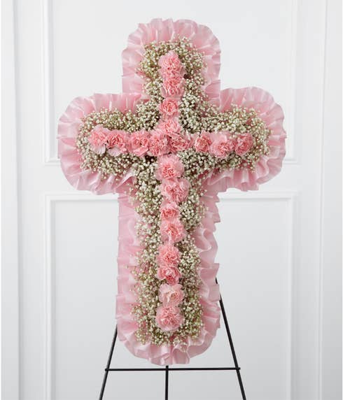 pink flower cross shaped funeral standing spray from send flowers