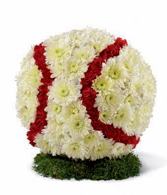 Baseball sympathy arrangement with red and white flowers