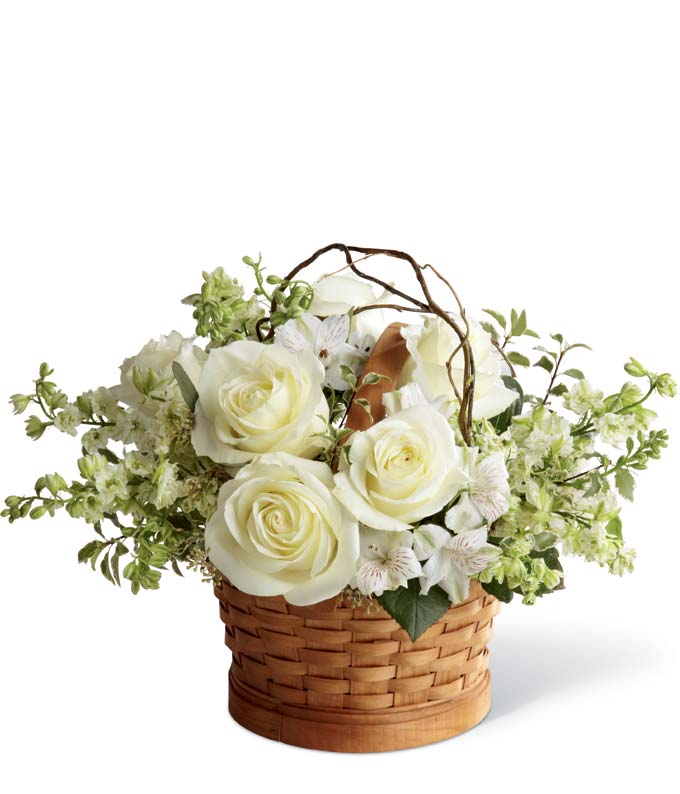 Sympathy floral basket with white roses and curly willow delivered