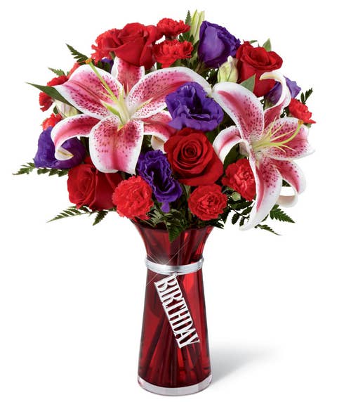 Red stargazer lily bouquet delivery with cheap flowers and red roses.
