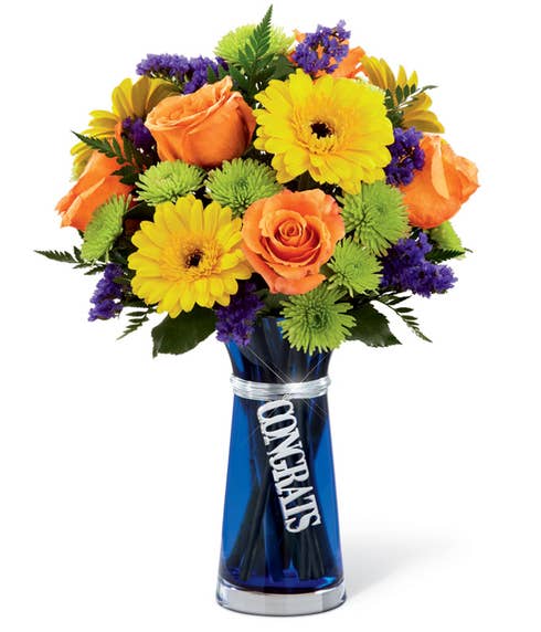 Congrats flowers of cheap flowers in blue flower vase with orange roses and yellow daisies