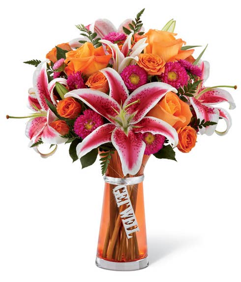 Orange rose and lily bouquet get well soon dangle tag flower bouquet