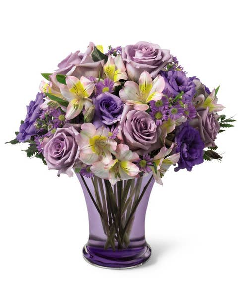Purple roses, bi-colored alstroemeria and purple monte casino