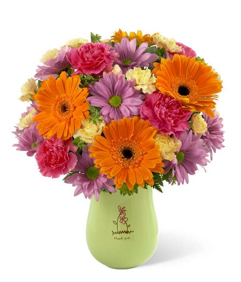 orange gerbera daisy thank you bouquet with fuchsia and yellow carnations