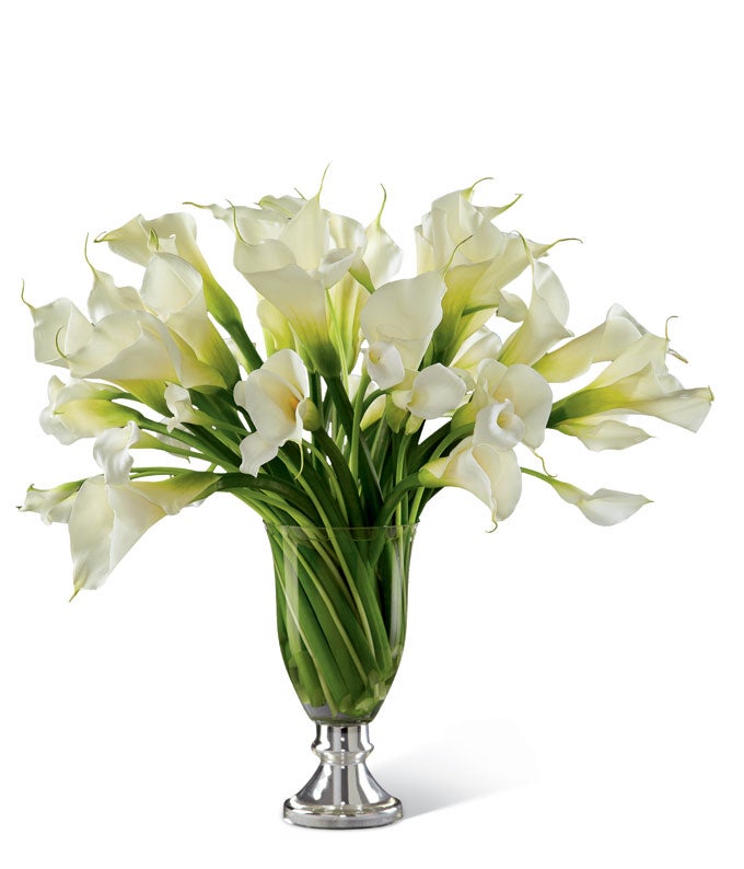 A Bouquet of Calla Lilies and White Mini Calla Lilies in a Glass Vase
