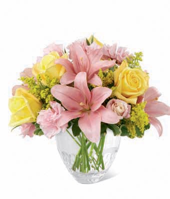 A Bouquet of Pink Lilies, Double Lisianthus, Yellow Roses and Solidago in a Clear Glass Vase