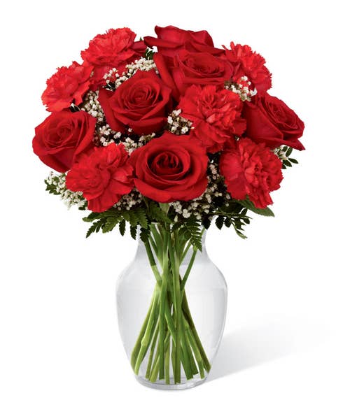 Love flower bouquet with red roses, red carnations and white baby's breath