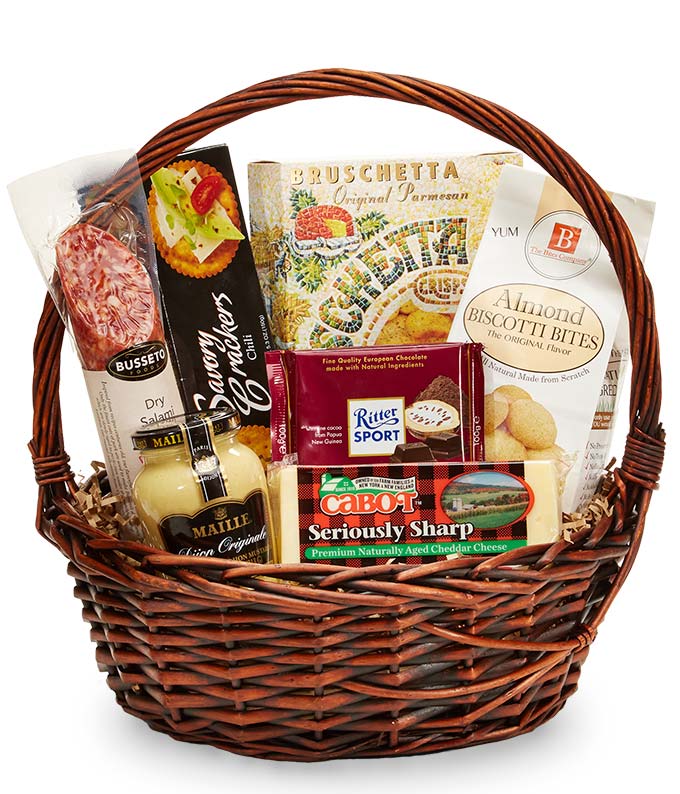 Gourmet cheese and sausage basket with Mother's Day gift ideas