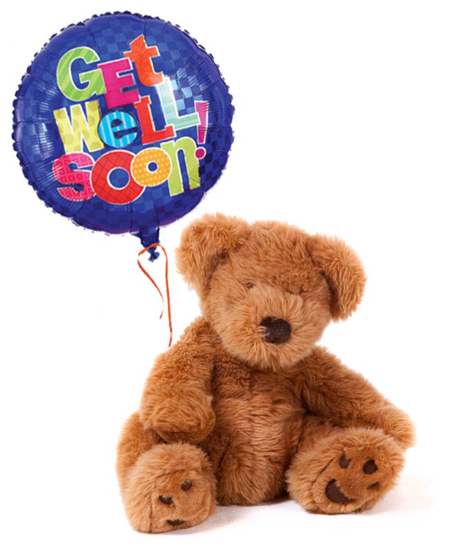Get Well Mylar Balloon Tied with Decorative Ribbon and Teddy Bear with Card Message Included