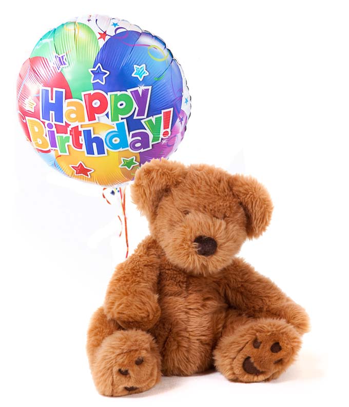 Teddy Bear with Happy Birthday Mylar Balloon Tied with Decorative Ribbon