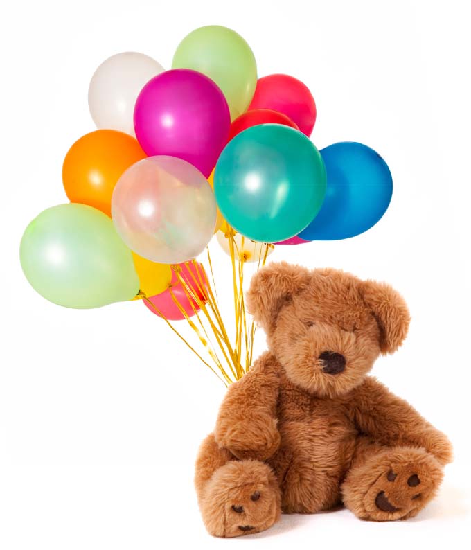 A dozen latex balloons and soft teddy bear