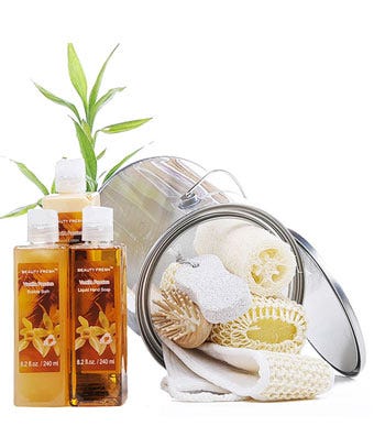 Vanilla spa gifts basket set with vanilla body products, body loofah and pumice stone