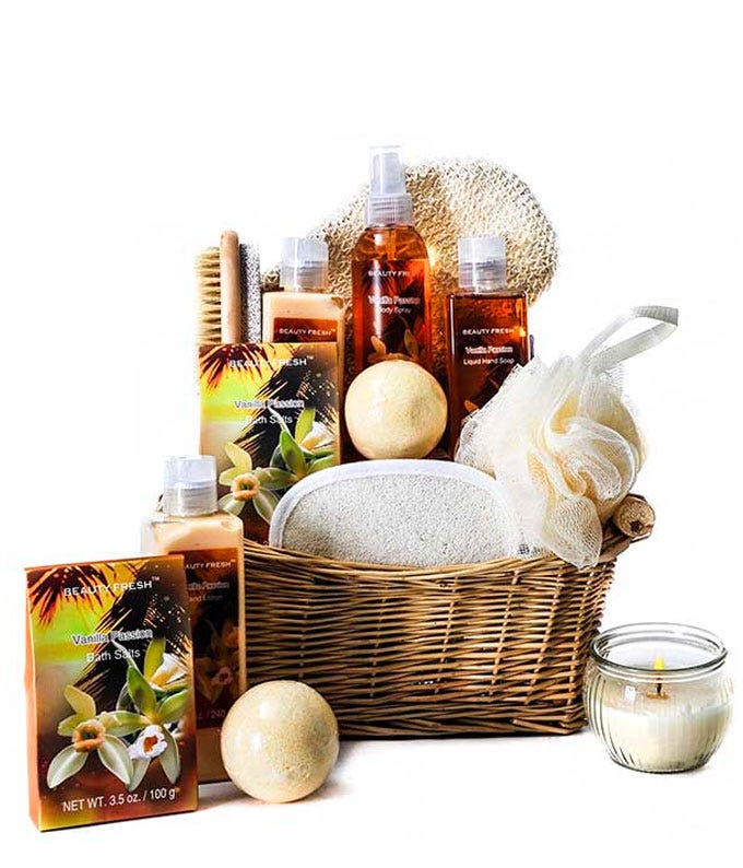 Large vanilla spa gift basket with vanilla body lotion, bath salts and hand soap