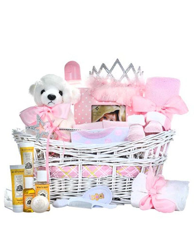 Princess Newborn Baby Girl Gifts Basket with teddy bear, burts bees, tiara and wand