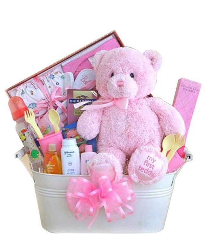 newborn girl gift delivery, a newborn baby girl gift basket and teddy bear delivery