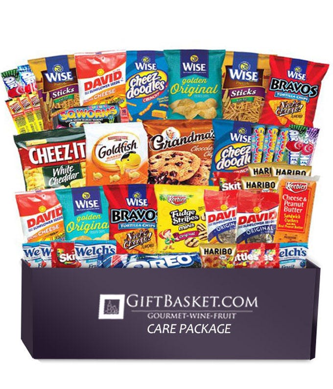 Snack gift basket with 50 snack gifts