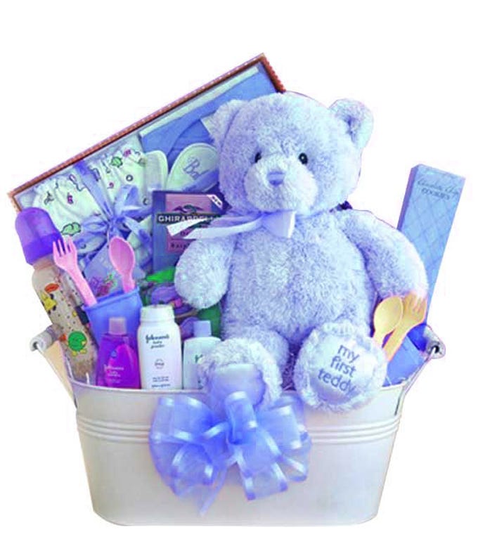 baby boy gift delivery same day with blue teddy, baby shampoo, and useful gifts