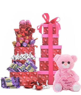 Lake Champlain Chocolates (Raspberry Cream-Filled), Truffles, Hershey's Candy Kisses, Godiva Truffles, Ghirardelli Chocolate Squares, and 5 Boxes Tower with Pink Ribbon, Free Personalized Card and Mother's Day Plush Teddy