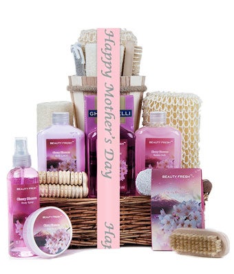 Cherry Blossom Themed Gifts, Shower Gel, Bubble Bath, Body Lotion, Body Spray, Bath Salts, Hand Cream, Pumice Stone, Wooden Brush, Sponge, and Ghirardelli Chocolate Bar in a Whicker Woven Basket and Mother's Day Ribbon