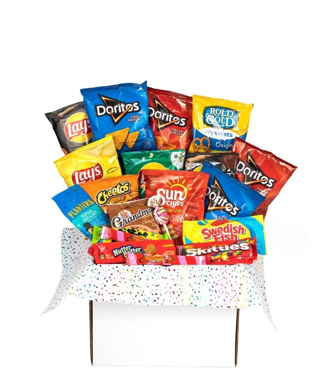 Snack basket full of salty and sweet treats
