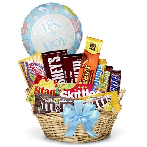 Popular Chocolate & Candy Treats and Mylar Balloon For Him with a Blue Bow in a Keepsake Basket