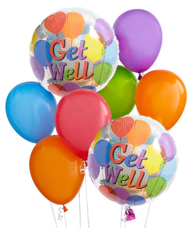 A Combination of Get Well Mylar Balloons and Latex Balloons in Various Colors