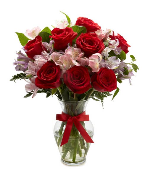 Red rose and pink alstroemeria mixed flower bouquet flower delivery with vase