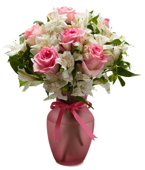 Pink rose bouquet with white alstroemeria 