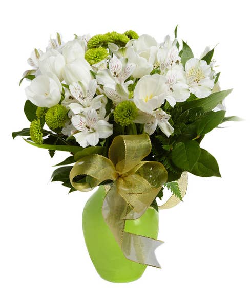 green bouquet and green flower bouquet with white tulips, green mums and cheap flowers