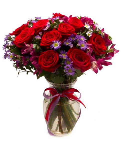 Red rose bouquet, a red and purple flower bouquet with roses, alstroemeria, cheap flowers