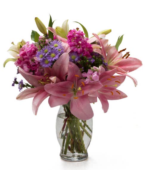 Mixed spring pink lily and lavender flower bouquet from Send Flowers