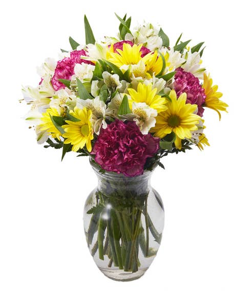 Mixed flower bouquet delivery with purple carnations, yellow daisy and cheap flowers