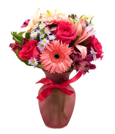 Hot pink gerbera flower bouquet with hot pink roses, alstroemeria and cheap flowers