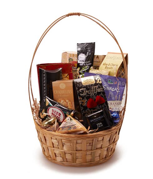Chocolate cheese and cracker gifts basket inside a handled woven basket