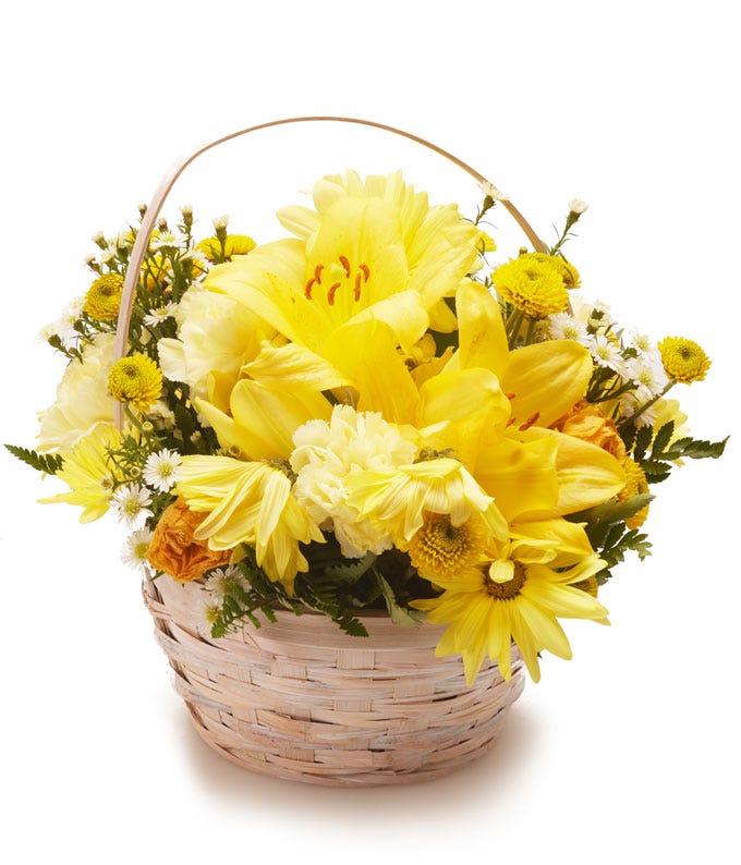 Yellow flower basket arrangement of yellow lilies, yellow spray roses and yellow daisies