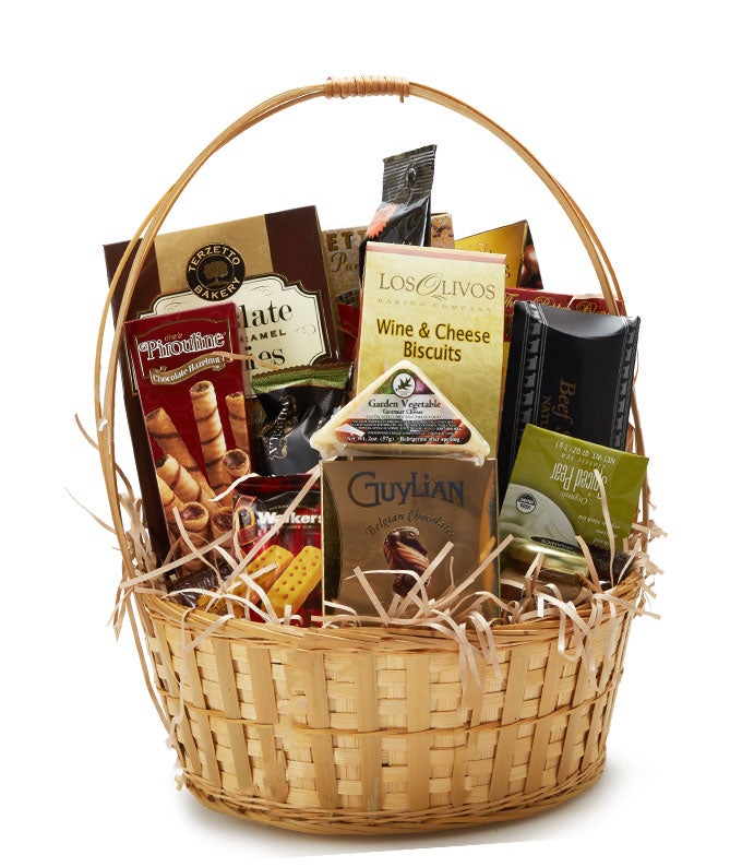 Snack Gifts Mix including Crackers, Cookies, Grapes, Cheeses, Meats, Nuts, Mustard and Jams in a Basket with Card Message