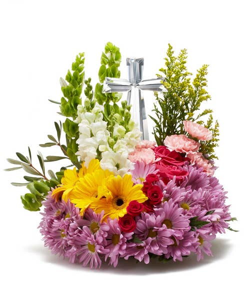 Crystal cross flower arrangement for sympathy and funeral flower delivery