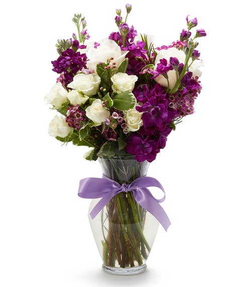 Purple wax flower bouquet delivery and purple waxflower bouquet with roses
