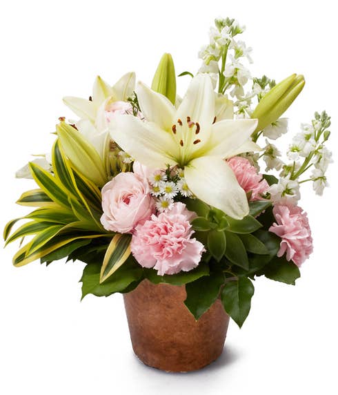Unique white lily flower bouquet in flower pot