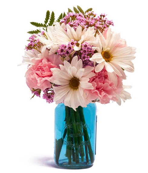 Daisy Blue Mason Jar Bouquet with white daisies, pink carnations and wax flower