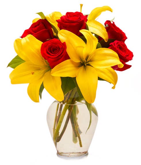 Yellow lily and red rose arrangement 