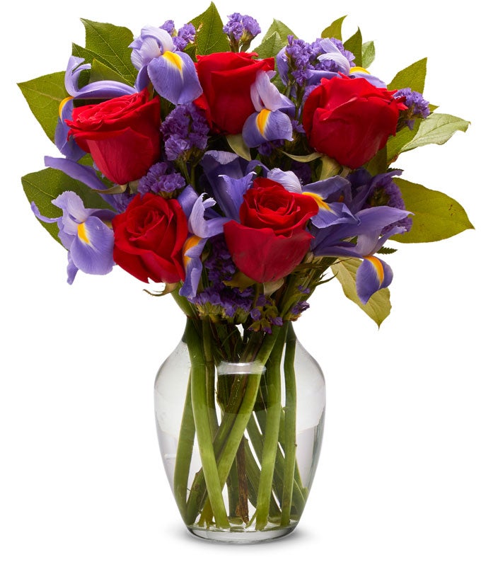 iris and rose flower arrangement
