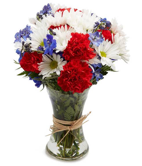 Red carnations, white diaries and blue iris patriotic bouquet