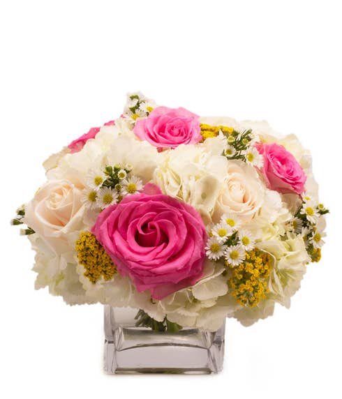 White hydrangea white rose and hot pink rose bouquet, elegant flower delivery