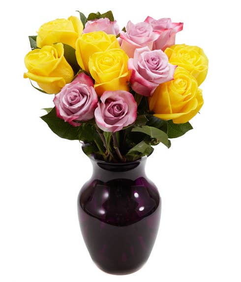 Purple and yellow rose bouquet arrangement 