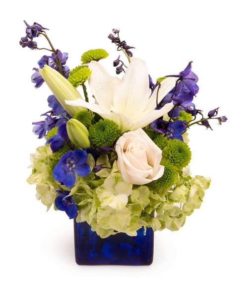 Green hydrangea and blue flower bouquet