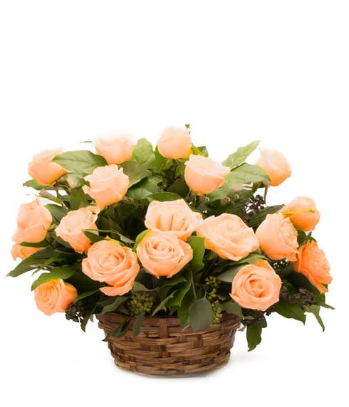 Orange rose bouquet basket bouquet with soft peach orange roses