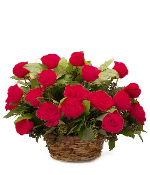 Red roses in a basket bouquet, a red rose bouquet basket